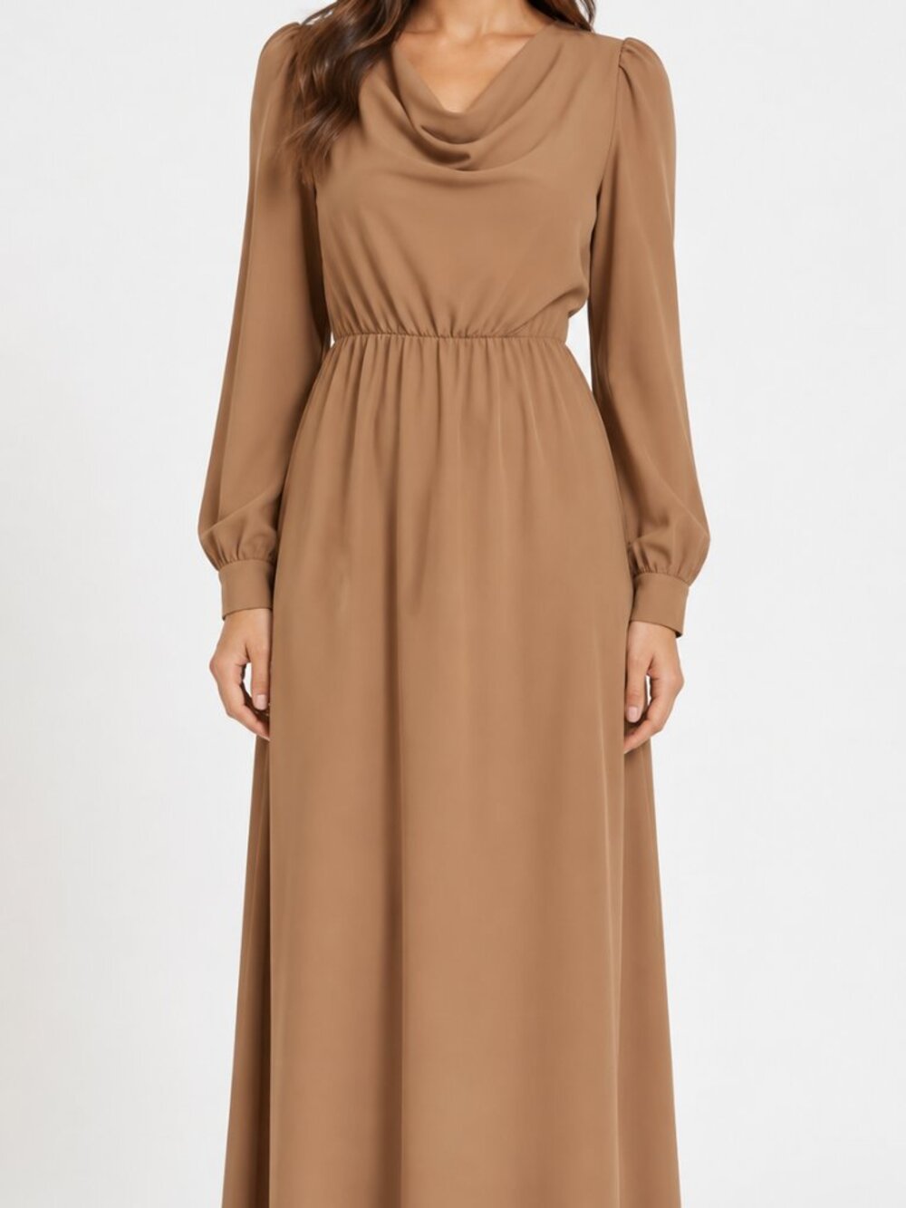 Cowl Neck Maxi Dress Long Sleeves Flowy Camel Color Size 6